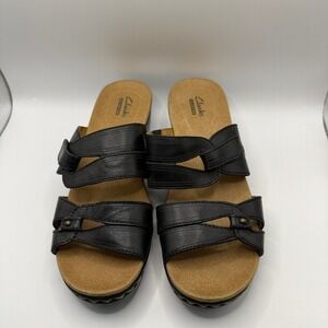 Clarks Collection Leisa Vine Black Leather Slide Sandals Womens 7 M 26107414